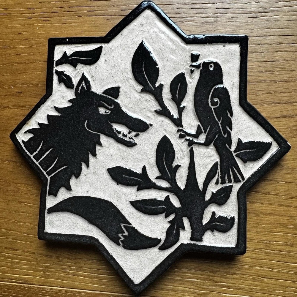 Katherine Hackl Signed Ceramic Tile Wolf & Bird Design Handcrafted Sgraffito VTG